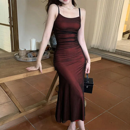 lovwvol Sexy Luxury Woman Evening Dress Red Mesh Gothic Elegant Party Bodycon Dresses Maxi Dress Chic Female Night Club Outfits