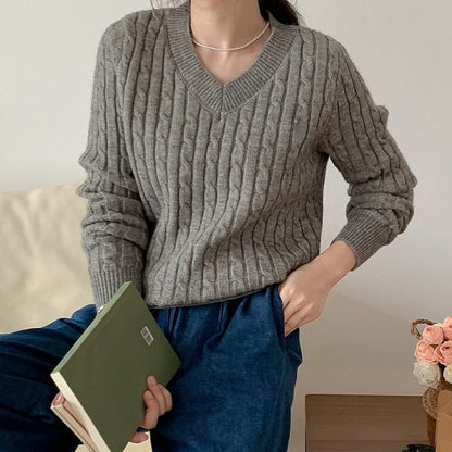 Women's Twist Pullover Knitted Sweater Solid Casual Jumper Fall  Winter Vintage Embroidered V-Neck Long Sleeve Top