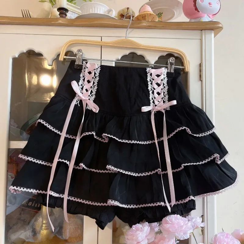 Japanese Kawaii Lolita Style Pleated Skirts Women High Waist Pink Bandage Fairy Y2k Aesthetic Skirt Cute Faldas Mujer Moda