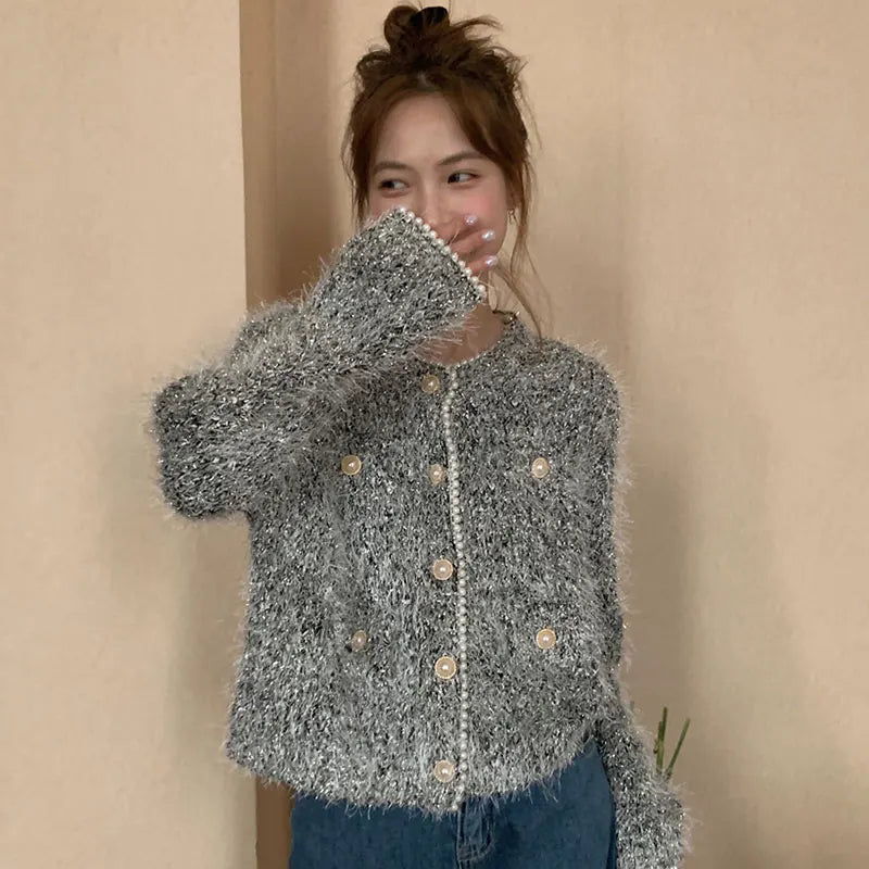 lovwvol Vintage Temperament Bead Sweater Women Autumn Winter Tops O Neck Knitting Cropped Cardigan Korean Fashion Suéteres