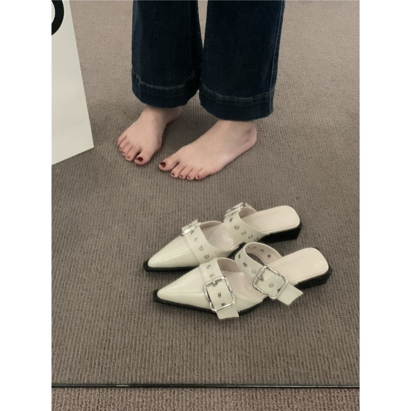 Punk Gothic Metal Buckle Low Heels Sandals Women 2023 New Pointed Toe Thick Heeled Summer Slippers Woman Platform Muller Shoes