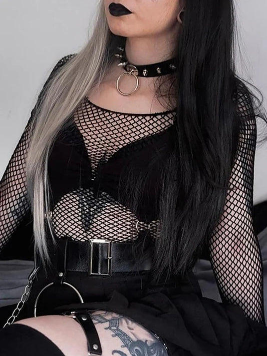 Fishnet Cut Out Women Sexy Halter T-shirts Mall Gothic Grunge Black Bandage Crop Tops Punk Open Shoulder Alt Clothing