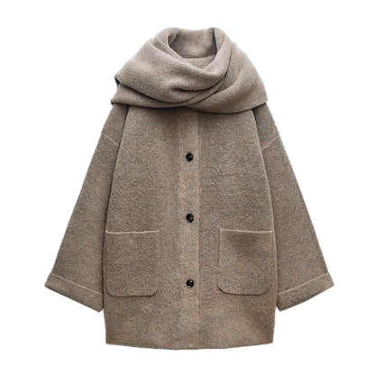 Women's Scarf Short Knit Coat O-Neck Long Sleeves Pocket Scarf Fringe Overcoat Jacket Fall Winter New Female Chic Outerwear