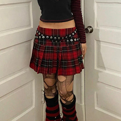 lovwvol Vintage Gothic Y2K Plaid Skirt Women Spliced Eyelet England Style Pleated Skirts Mini Girls Preppy Punk Dark Academia