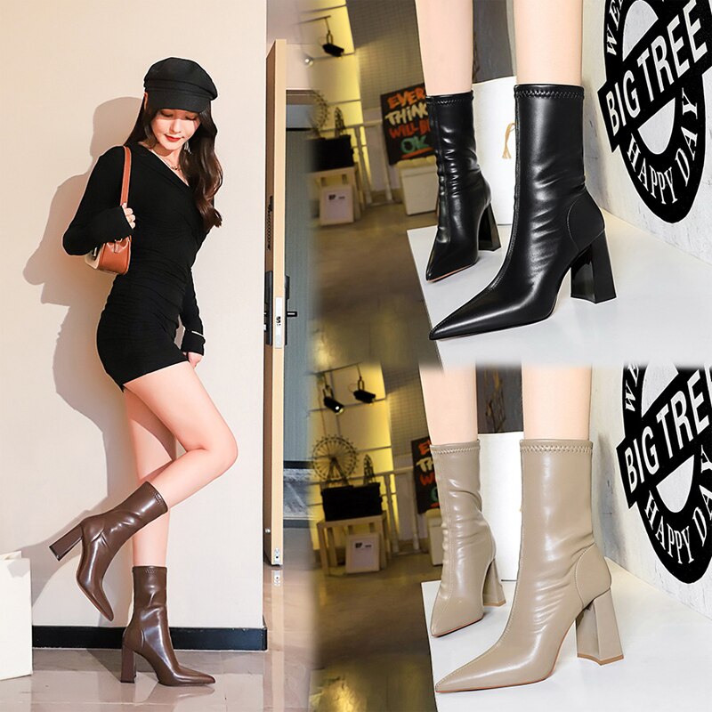 Shoes Mid-Calf Boots Chunky Block Heels Women Boots Pointed High-Heeled Boots Lady Pu Leather Boots Autumn Winter Shoes