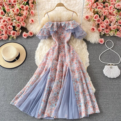 lovwvol Summer Elegant Chiffon Floral Strap Dress Women's Mesh Stitching Strapless Mixi Dress Holiday Ladies  Female Robe