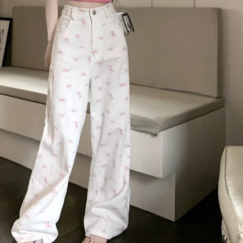 lovwvol Pattern Women's Jeans Straight Leg Trousers with Print High Waist Shot Pants for Woman Graphic White Hippie Top Selling Denim R