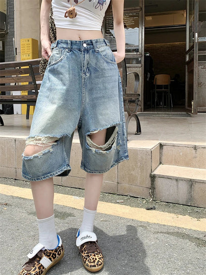 lovwvol Women's Big Hole Design Blue Denim Shorts Summer Bottoms Wide Leg Capris Female High Waist Straight Knee-length Pants