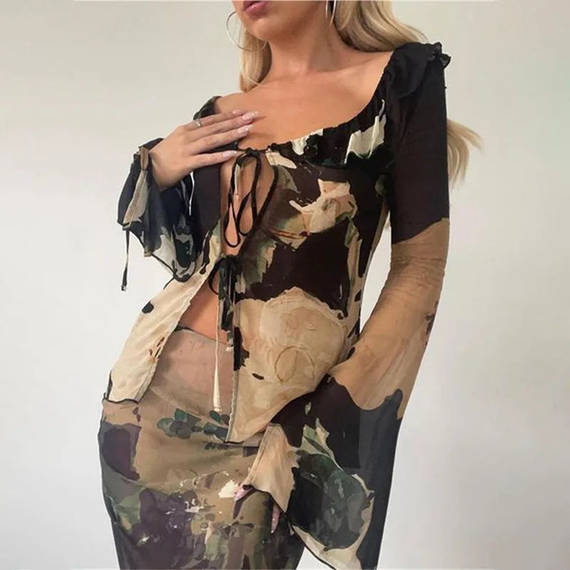 lovwvol - Print Y2K Mesh Long Sleeve Top Shirts Green and Maxi Skirt Bodycon Sexy Two Piece Sets Beach Outfits Women Club