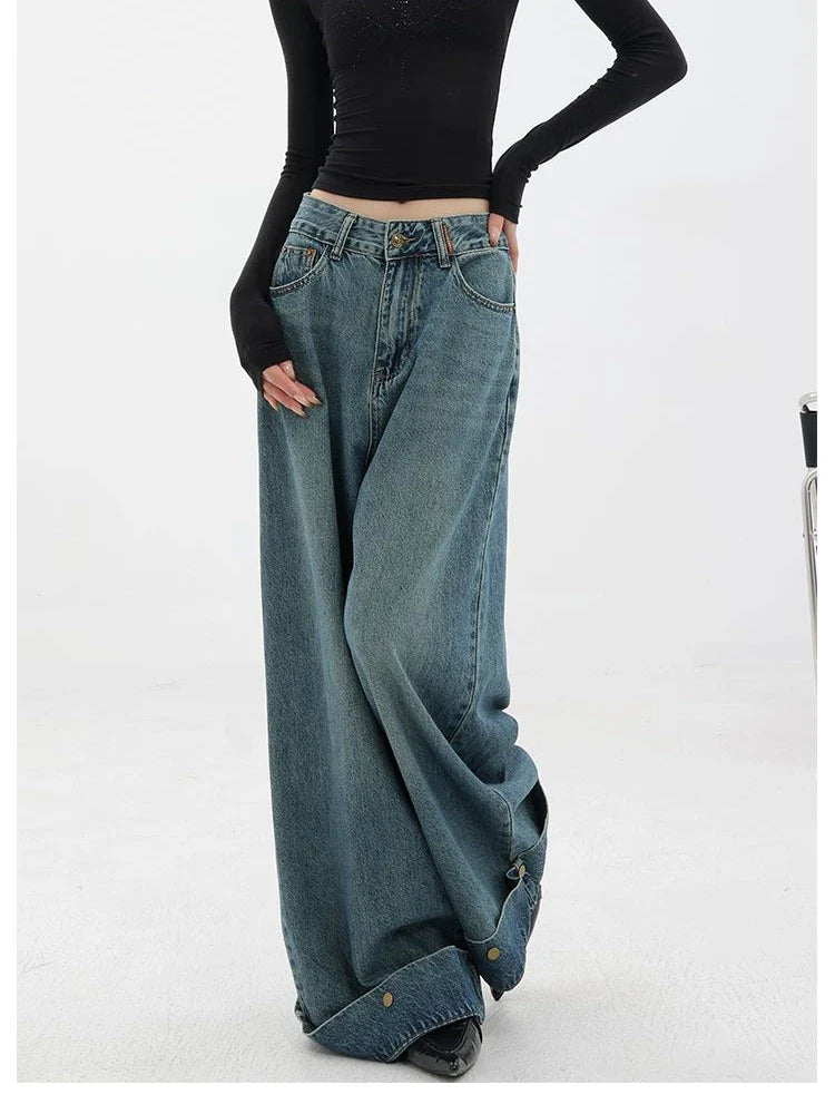 lovwvol Women's Flanged Wide Leg Straight Jeans Cool Girl Vintage Street Style Fashion Pants Female High Waist Loose Denim Trousers