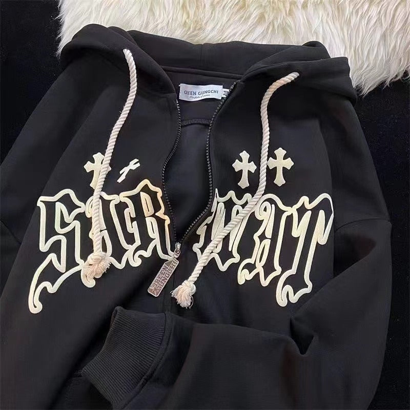 lovwvol Y2k Women Vintage Gothic Streetwear Embroidery Harajuku Hoodies Hip Hop Jacket Zip Up Hoodie Grunge Sweatshirt Tops Alt Clothes