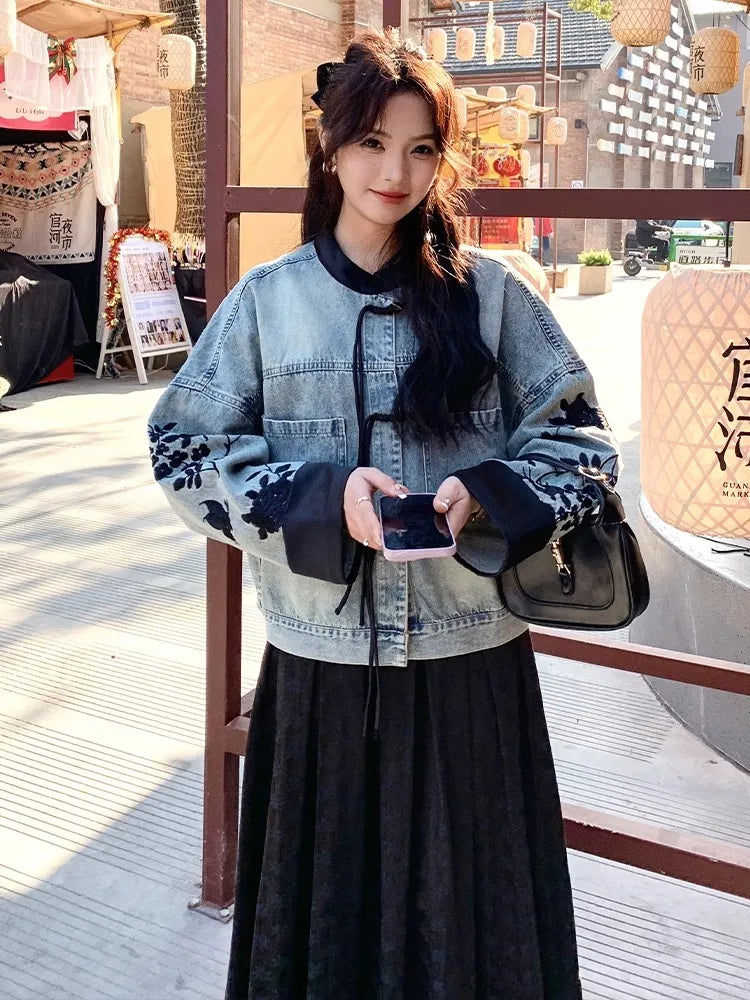 lovwvol  -  Chinese Style Embroidered Short Denim Coat Women's Jacket  Autumn Knot Botton Design Loose Outerwears Female Clothes