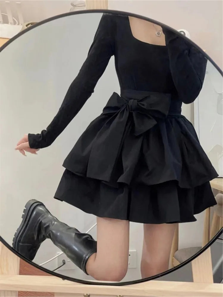 Gothic Mini Black Dresses for Women Y2K Birthday Party Princess Dress Long Sleeve A-line Ruffles Bow New Spring Prom Vestidos