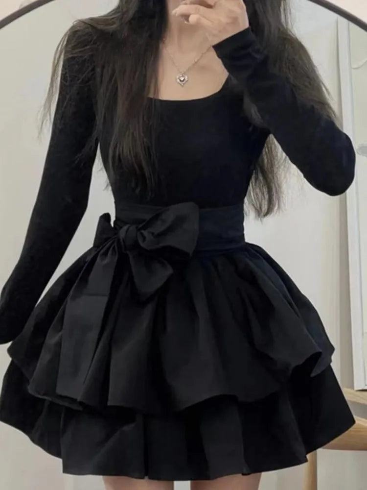 Gothic Mini Black Dresses for Women Y2K Birthday Party Princess Dress Long Sleeve A-line Ruffles Bow New Spring Prom Vestidos