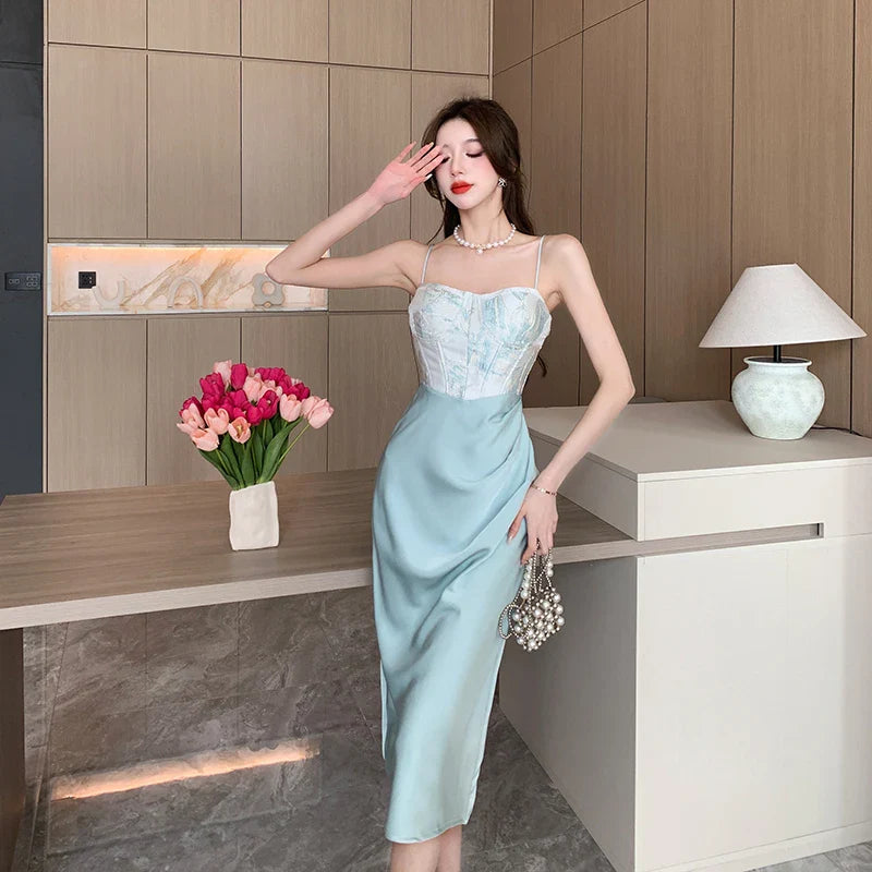 Sexy Backless Midi Dresses for Women Summer Elegant Party Prom Suspender Female Clothes Vestidos Satin Embroidery Evening Dress