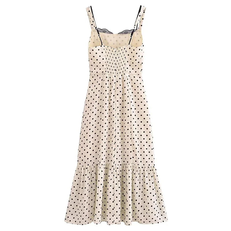 lovwvol Summer 2024 French Dot Print Ruffles Dress Sexy Chiffon Dresses For Women Clothing Lace Patchwork Spaghetti Straps Dress