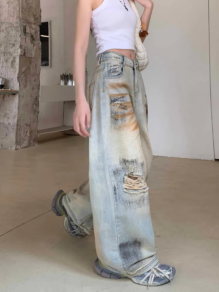 lovwvol  -  Ropa Y2K Grunge Graffiti Distressed Blue Baggy Ripped Jeans Pants For Women Clothes Wide Leg Lady Loose Old Denim Trousers