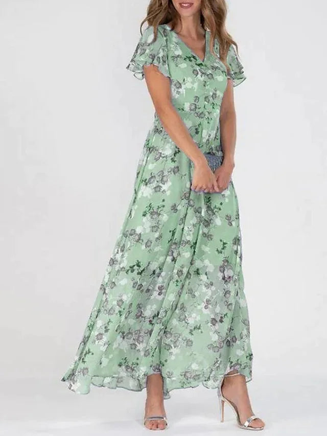 lovwvol Female Vintage Floral Printing Chic Dress Women Summer Elegant V Neck Maxi Party Dresses Casual Chiffon Beach Long Dress Vestido