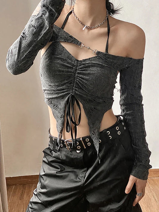 Vintage Mall Gothic Drawstring Women T-shirts 2 Piece Set Y2k Retro Fairy Grunge Camisole Long Sleeve Buckle Crop Tops