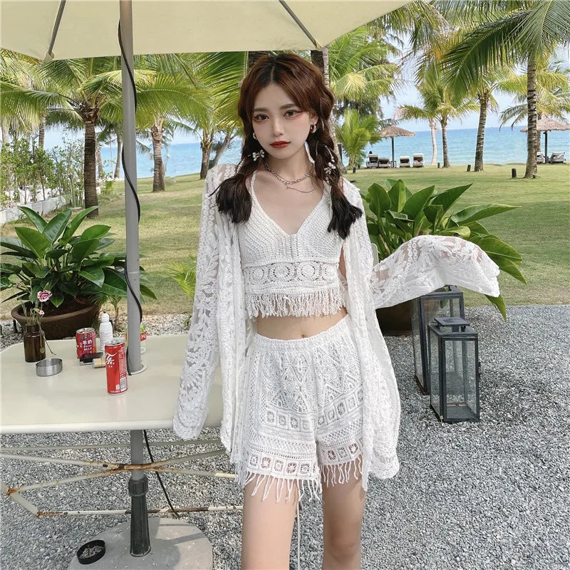 lovwvol Korean Beach Style Sexy 3 Piece Bikini Sets Summer Vacation Knited Lace Swimwear With Embroidery Cover up Women