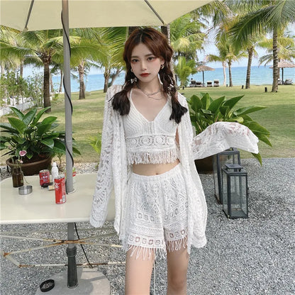 lovwvol Korean Beach Style Sexy 3 Piece Bikini Sets Summer Vacation Knited Lace Swimwear With Embroidery Cover up Women