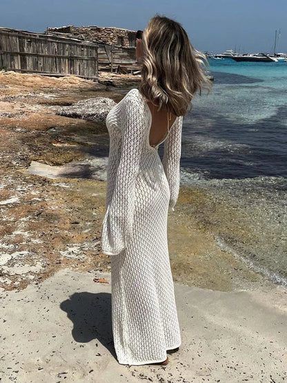 lovwvol - Long Sleeve See Through Backless Mini Dress Women Summer  Holiday Drawstring Bodycon  Beach Vacation Sexy Dresses