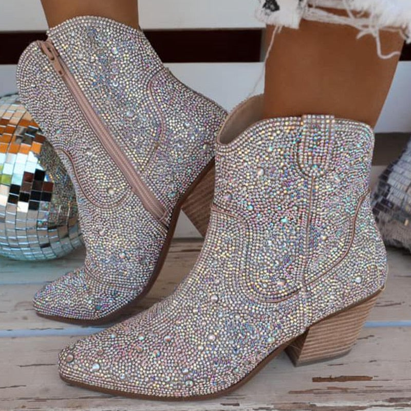 Women Rhinestone Western Cowboy Boots Chunky Heel Party Ankle Boots Anti-slip High Heels Hiking Shoes Botas Cowboy Mujer