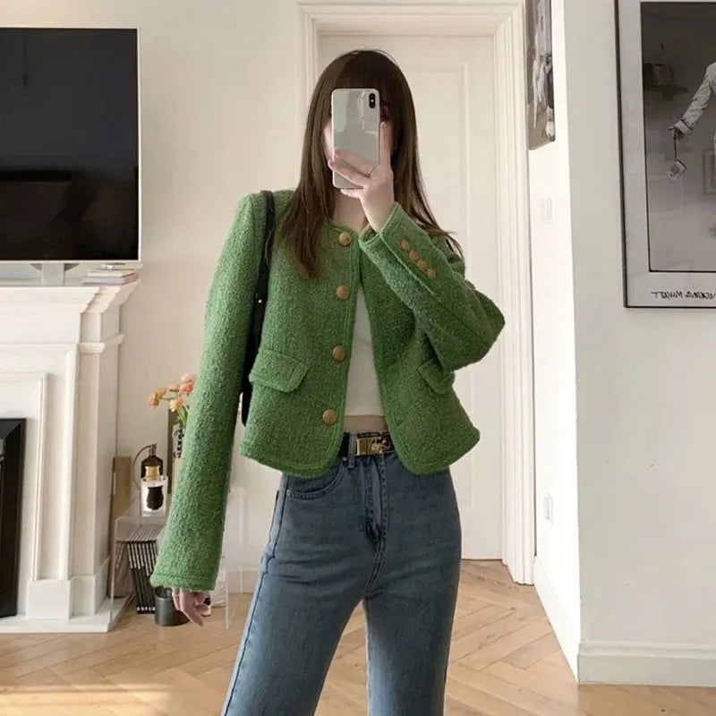 Korean Chic Green Short Jackets Women Autumn Winter Fashion Street O Neck Cropped Coat Buttons Tweed Outerwear Top