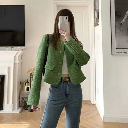 Korean Chic Green Short Jackets Women Autumn Winter Fashion Street O Neck Cropped Coat Buttons Tweed Outerwear Top