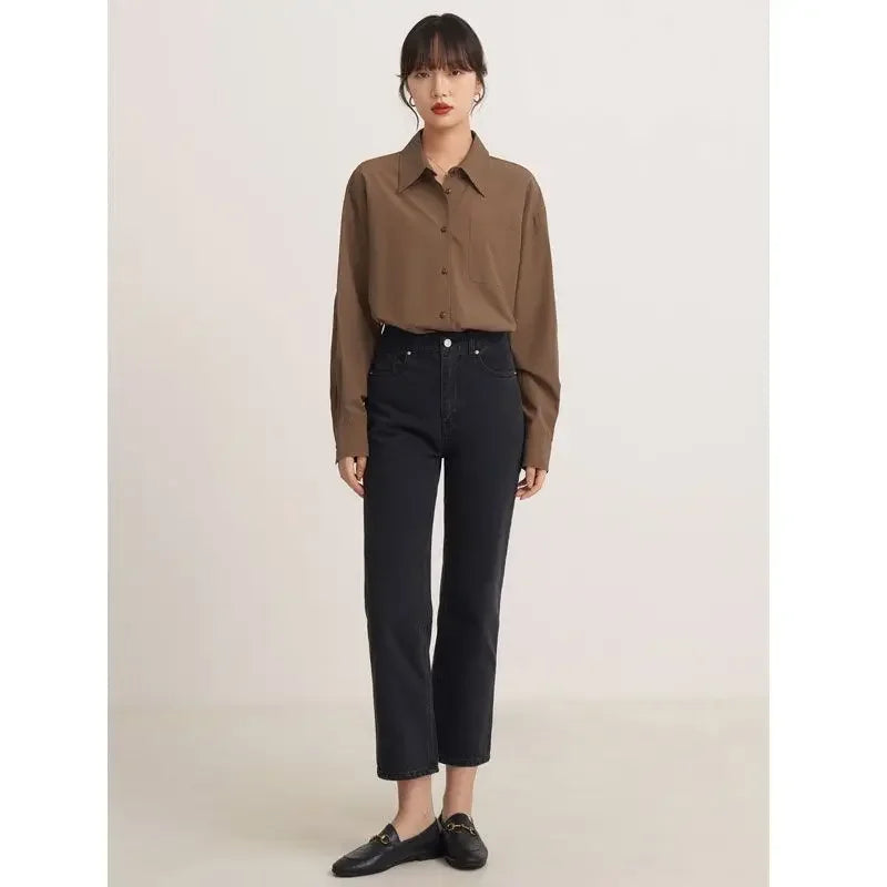 lovwvol Vintage Brown Shirts Women Blouses Office Wear Long Sleeve Elegant Ladies Casual Korean Fashion Loose Autumn Shirts