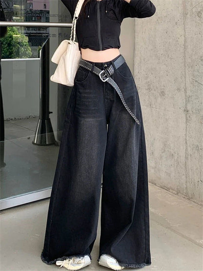 lovwvol Women's Ragged Edge Design Loose Wide Leg Jeans Summer New Cool Girl Street Bottoms Thin Pants Female Baggy Denim Trousers