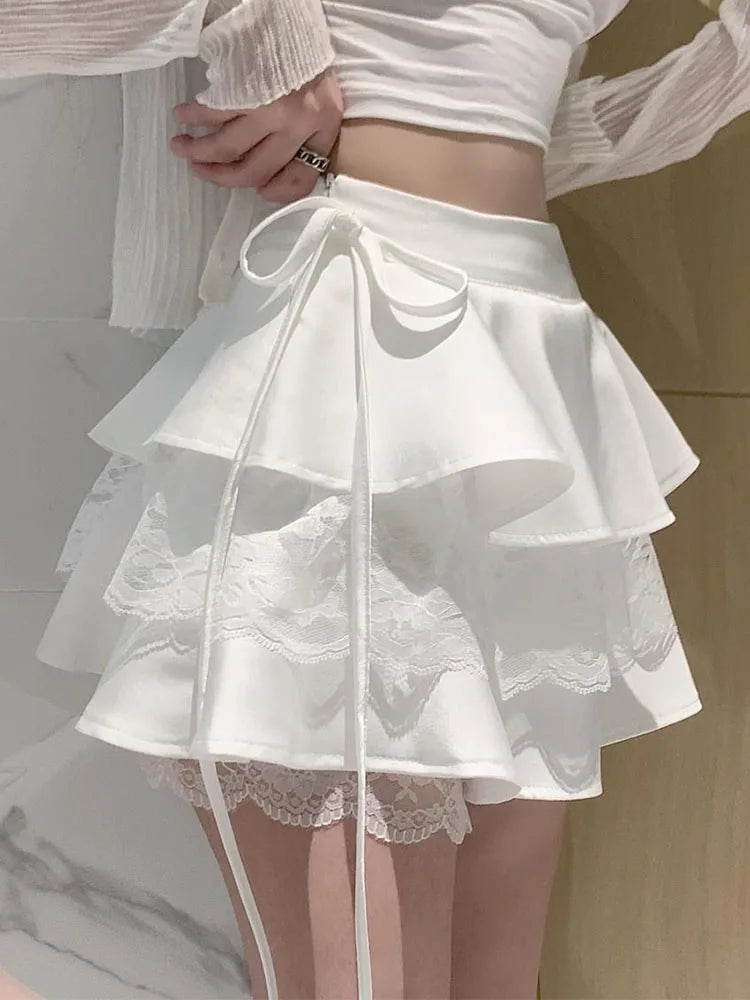 Kawaii White Ruffle Mini Skirt Women Summer High Waist Bandage Fairycore Lace Double-layer Skirt Korean Fashion Cute Sexy Skirts