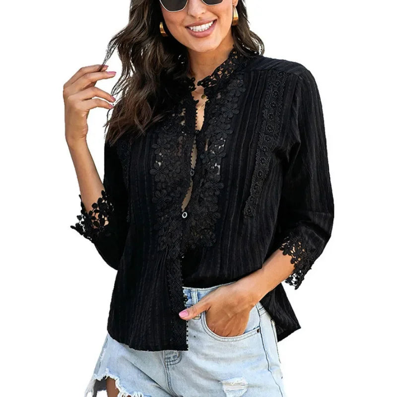 lovwvol Loose 3/4 sleeve lace blouses shirt women vintage cotton Button v neck causal boho blusa autumn blouse femme top