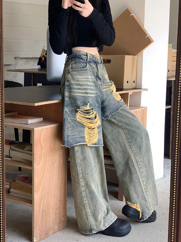 lovwvol  -  Y2K 2000S Streetwear Washed Blue Baggy Ripped Stacked Jeans Pants For Women 90S Vintage Clothes Old Lady Denim Trousers