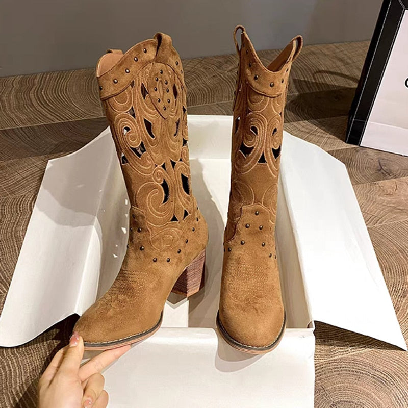 Hollow Embroidered Vintage Western Boots Women  Autumn Chunky Heels Knee High Cowboy Boots Woman Pu Leather Knight Booties