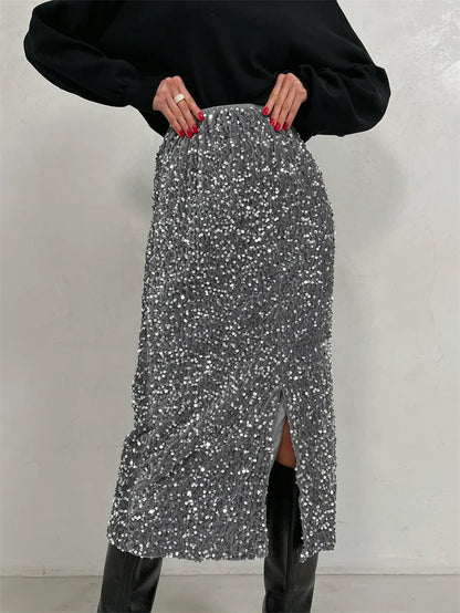 lovwvol Silver Black Sequin Skirt Women Elegant Vintage Punk Evening Dress Slit Sexy Summer Long Skirt High Waist Midi Skirts For Women