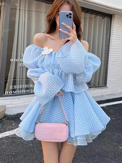 New Summer Korean Sweet Two Piece Set Women Short Shirt Blouse Crop Top + Mesh Cake Skirt Suits Fashion Fairy 2 Piece Suits