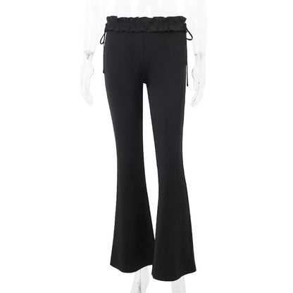 Y2k Ruffles Low Waist Sexy Women Pants Gothic Skinny Fashion Boot Cut Trousers Grunge Female Skinny Streetwear Autumn