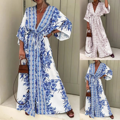 lovwvol V Neck Half Sleeve Long Dress Lace Up Vintage Printed Large Hem Dresses Womens Casual Summer Dress Loose Long Robe Vestidos