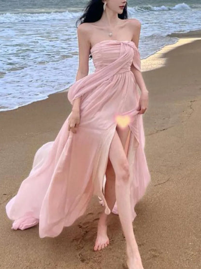 lovwvol Summer Pink Elegant Pleated High Waist Split Long Dress Women Fashion Backless Halter Strapless Fairy Dress Female 2024 Vestido