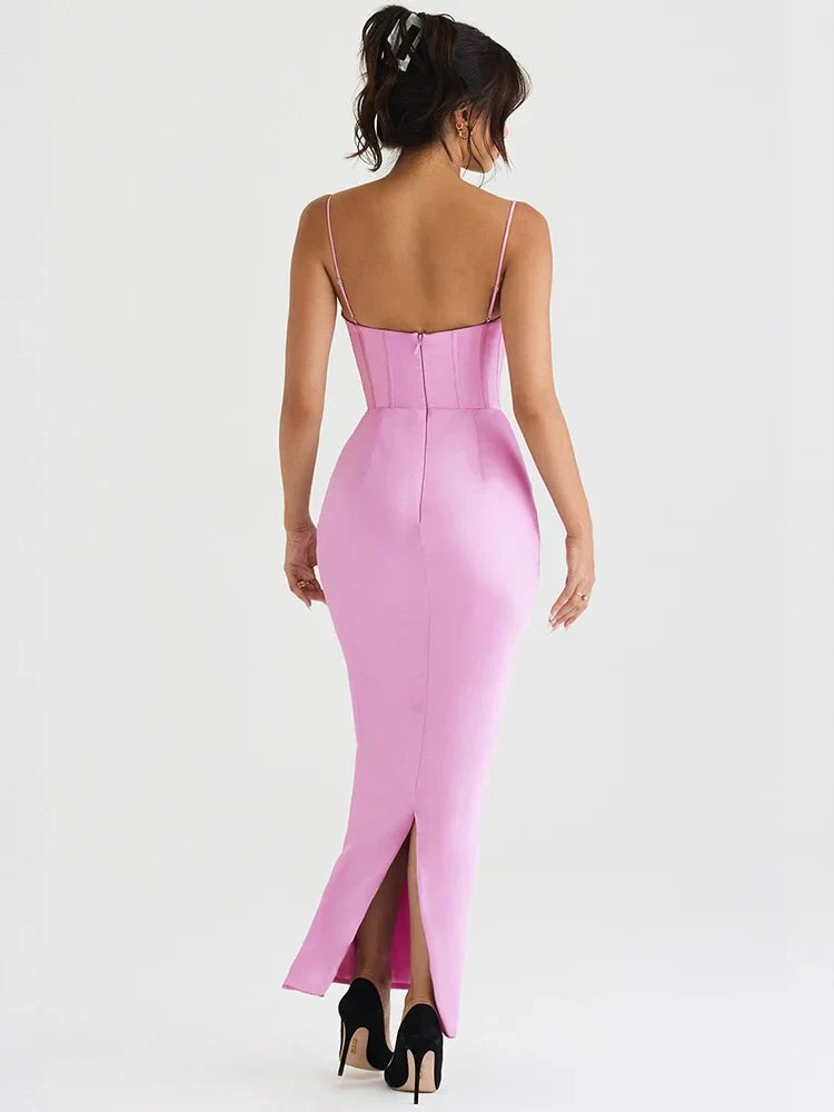 lovwvol Summer Satin Maxi Bodycon Dress Sexy Event Night Wedding Guest Dress Women Corset Party Dresses Pink Slit Dress High Quality