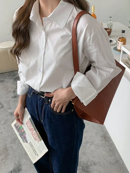 lovwvol Women Blouses Elegant Vintage Streetwear Casual Cotton 100% Loose Button Up White Blue Long Sleeve Office Oversize Shirt Tops