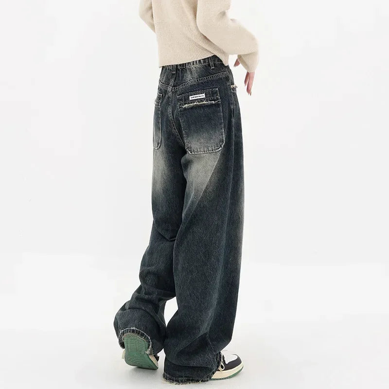 lovwvol Harajuku Streetwear Retro Fashion Autumn Women High Waist Jeans Loose Wide Leg Straight Loose Denim Trousers Y2K Baggy Pants