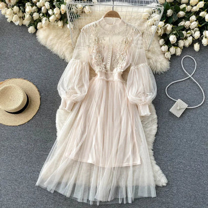 Ladies Dress Three-dimensional Flower Hook Mesh Temperament Stand Collar Lantern Sleeve High Waist Slim Female Dresses