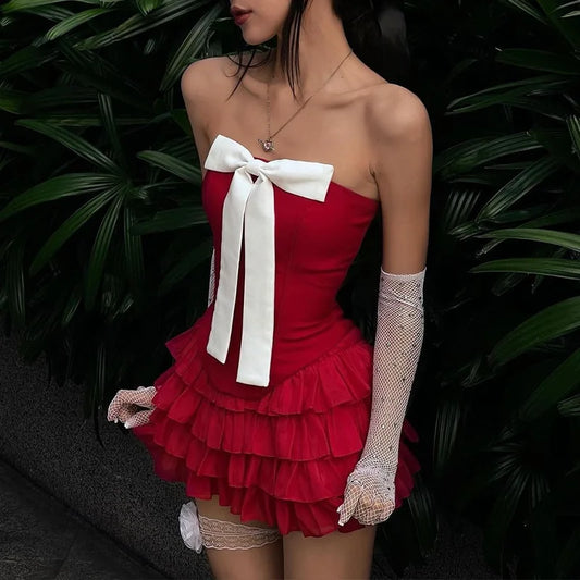 Elegant Bow Detail Sexy Strapless Two Piece Sets Club Outfits for Women Ruffle Red Top and Skirt Matching Sets New