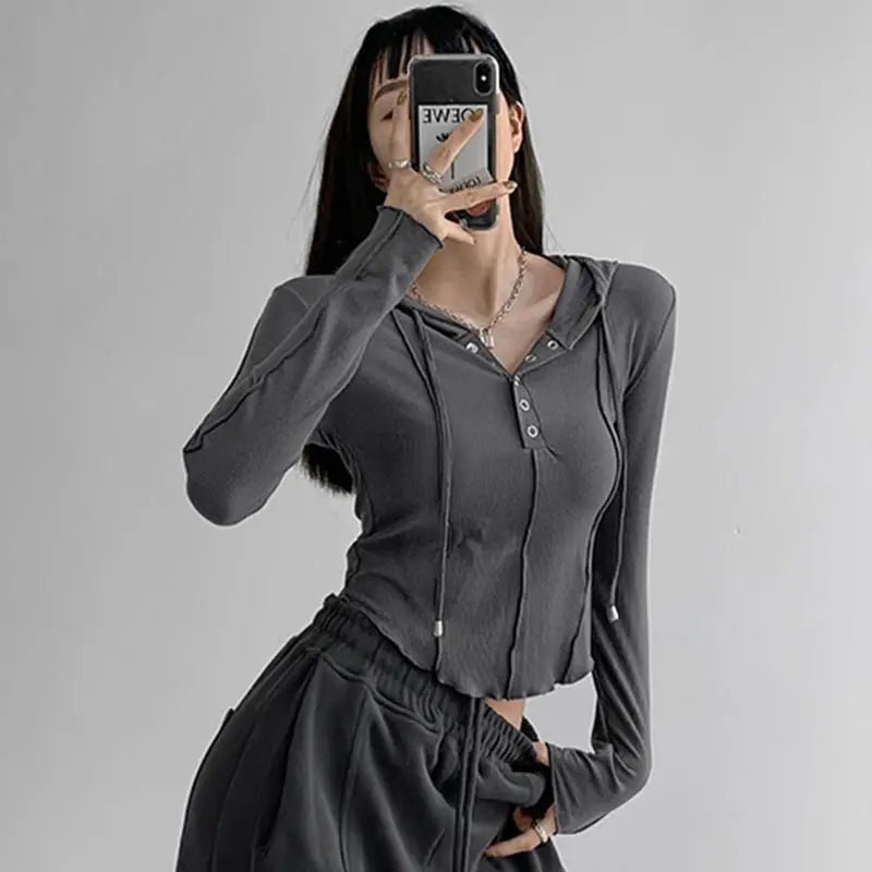 lovwvol Women Hooded Sweatshirt Long Sleeve Y2k Streetwear Korean Fashion Casual Chic Female Vintage Slim Pullovers Crop Tops