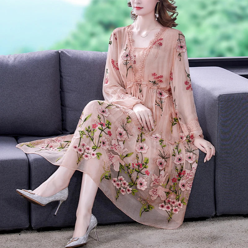 lovwvol New 2024 Women's Summer Runway Embroidered Long Dress Ladies V-neck Lantern Sleeve Mesh Vintage Party Dress