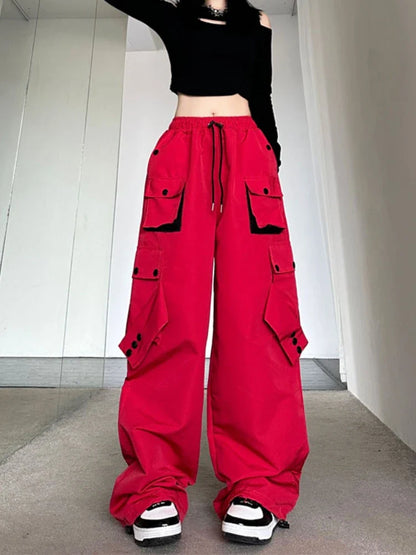 lovwvol  -  Y2k Aesthetic Black Cargo Pants Women Drawstring Harajuku Wide Leg Loose High Waist Streetwear Casual Autumn Trousers Joggers