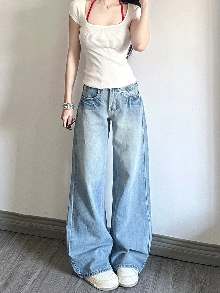 lovwvol Women's Fashionable High Waisted Wide Leg Thin Jeans Sweet Girl Simple Bottoms Vintage Baggy Trousers Female Denim Straight Pant