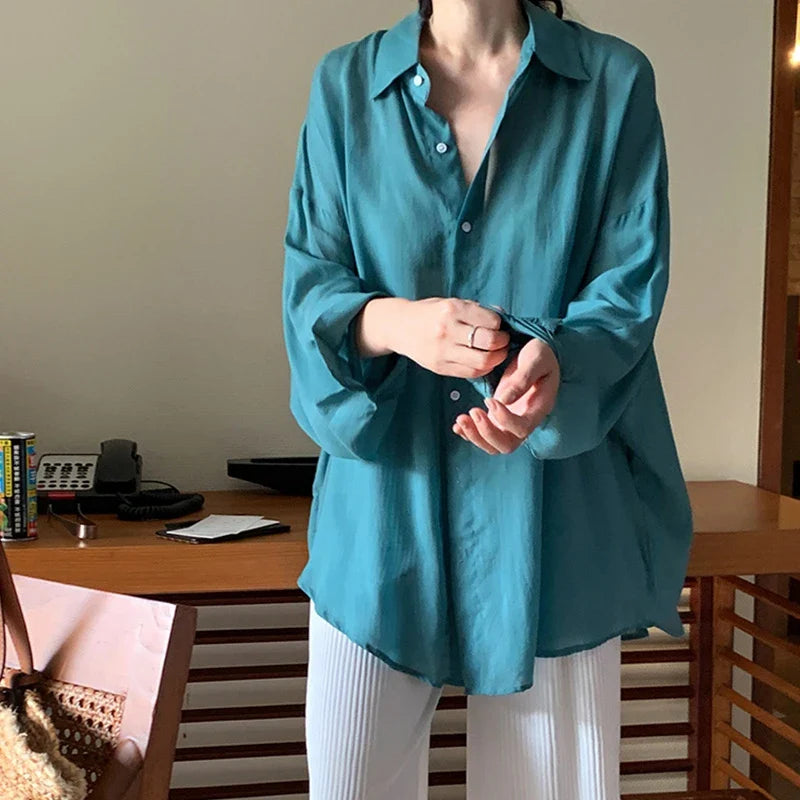 lovwvol White Chiffon Blouses Casual Elegant Sexy Oversized See Through Top Korean Fashion Puff Sleeve Shirts Beach Cover Up